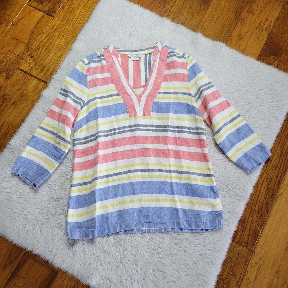 Boden Linen Popover Tunic Top Women's 4 Striped V-Neck Red Blue Yellow White - Picture 1 of 8